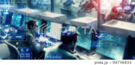 オフィスで働く人々とデジタルデータイメージ バナー・広告向け横長ビジュアル オフィスで働く人々とデジタルデータイメージ バナー・広告向け横長ビジュアル 98746833