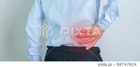 man having back pain. Urinary system and Stones, Cancer, world kidney day, Chronic kidney stomach, liver pain and pancreas concept 98747824