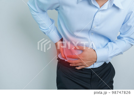 man having back pain. Urinary system and Stones, Cancer, world kidney day, Chronic kidney stomach, liver pain and pancreas concept 98747826