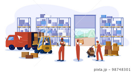 Flat warehouse logistics interior with workers, forklift, lift truck and boxes 98748301