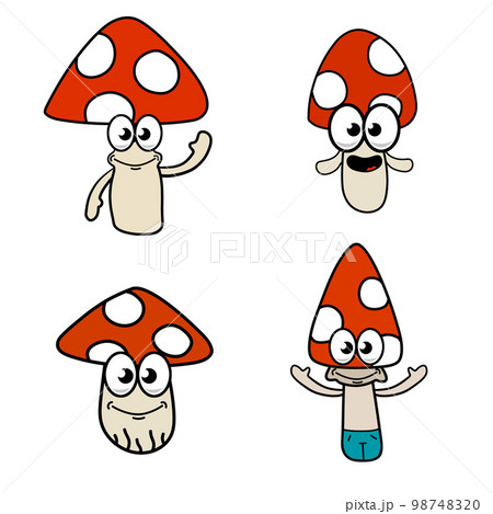 Mushroom character. Funny children drawing with red cap. Cute outline cartoon illustration isolated on white 98748320