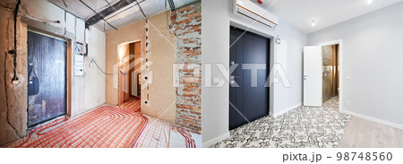 Comparison of old flat with underfloor heating pipes and new renovated apartment with modern interior design. Hallway with heated floor before and after renovation. 98748560