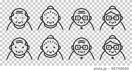 高級、年長的線描圖標。老年夫婦的微笑，爺爺奶奶戴眼鏡敬老日，黑白矢量圖 98748680