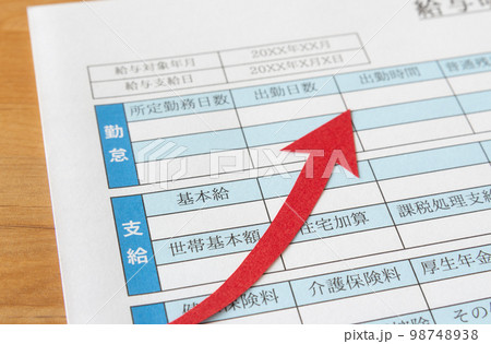 給与明細書と上昇矢印　基本給　給与明細　上向き　上昇　昇給 98748938