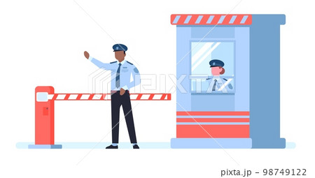 Security post with guards and barrier guarding entrance to restricted areas. Boundary gate protection. Checkpoint secure workers. Roadblock with barricade and booth. Vector concept Security post with guards and barrier guarding entrance to restricted areas. Boundary gate protection. Checkpoint secure workers. Roadblock with barricade and booth. Vector concept 98749122