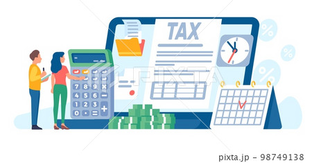 Online tax payment. People filling out duty forms. Persons use internet service for money pay. Financial account. Calculator and laptop. Banknotes heap. Credit deadline. Vector concept 98749138