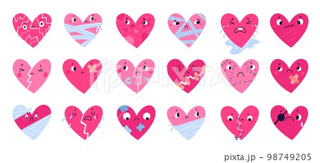 Cute sad hearts. Broken cartoon love symbols with faces, cracked kawaii characters, romantic signs, wounds fixing try, emotional relationships, sadness feelings, stickers garish vector set 98749205