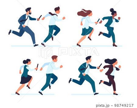 Businessman passes baton to his colleague in relay race. Business group competition. Employees partnership. Running men and women with sticks. Sprinting people. Vector office workers set 98749217