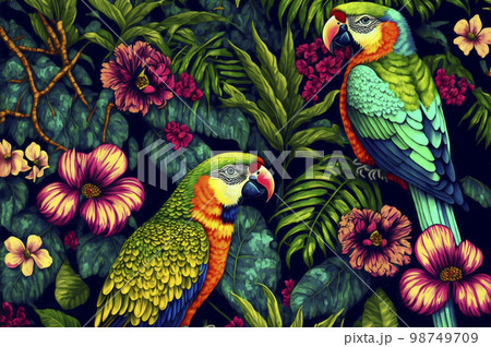colorful parrots and exotic flowers. Created with Generative AI technology. 98749709
