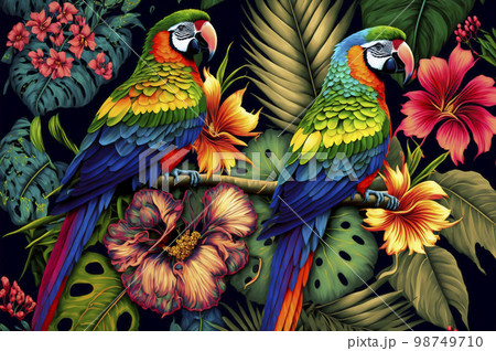 Seamless pattern of parrots on the tropical branches with chinese roses, tropical leaves and flowers. Created with Generative AI technology. 98749710