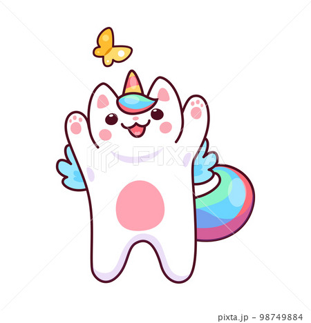 Caticorn character. Fantasy kitten with unicorn horn, wings and rainbow tail, kawaii cat isolated vector funny mascot. Magical creature, fairy caticorn kitten happy personage playing with butterfly 98749884