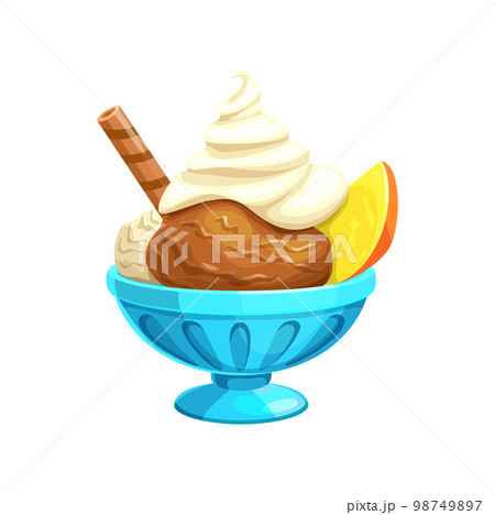 Cartoon ice cream in bowl with waffle stick and citrus fruit slice. Isolated vector sweet cream and chocolate dessert, icecream in cup, dairy product, cold delicious food portion Cartoon ice cream in bowl with waffle stick and citrus fruit slice. Isolated vector sweet cream and chocolate dessert, icecream in cup, dairy product, cold delicious food portion 98749897