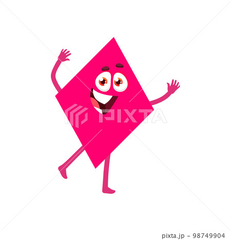 Rhombus math shape character, geometric figure personage. Isolated pink vector funny educational element with happy face. Cute education object for kids school mathematics and geometry lesson or class 98749904
