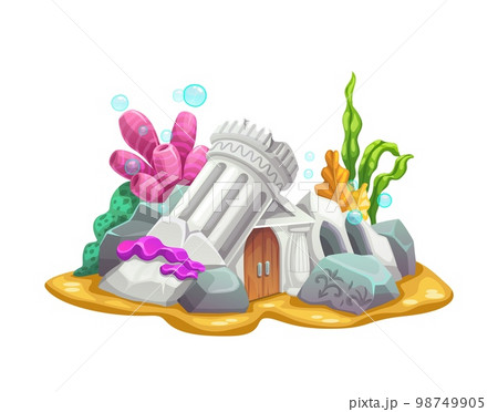 Underwater ancient city house building. Vector mermaid dwelling with ruined column, wooden door, arched windows, stones with mysterious signs, corals or seaweeds on ocean bottom. Fantasy architecture 98749905