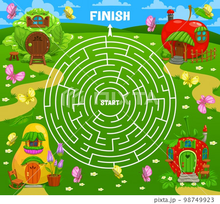 Labyrinth maze fairytale magic houses and dwellings. Kids vector board game worksheet with cartoon pear, cabbage, apple and strawberry homes on green field. Boardgame with round path, start and finish Labyrinth maze fairytale magic houses and dwellings. Kids vector board game worksheet with cartoon pear, cabbage, apple and strawberry homes on green field. Boardgame with round path, start and finish 98749923
