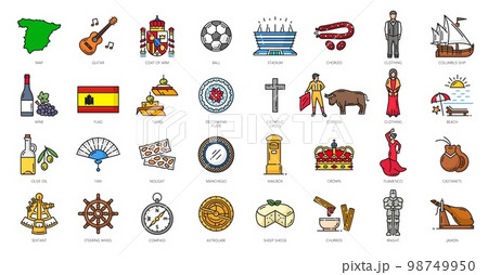 Spain outline icons, travel and Spanish culture, landmarks vector symbols. Spanish flag, map and coat of arms with flamenco castanets, toreador corrida and national clothing icons 98749950
