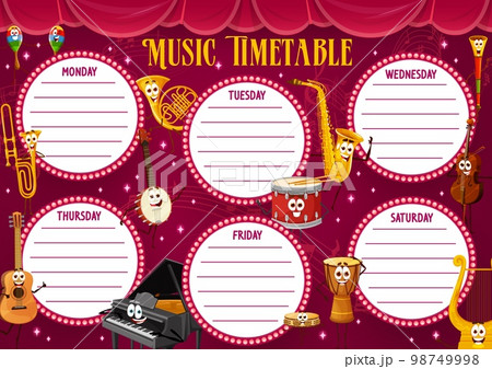 Timetable schedule with cartoon musical instrument characters. School study weekly schedule, education week vector timetable classes daily planner with funny saxophone, piano, violin and guitar, drums Timetable schedule with cartoon musical instrument characters. School study weekly schedule, education week vector timetable classes daily planner with funny saxophone, piano, violin and guitar, drums 98749998