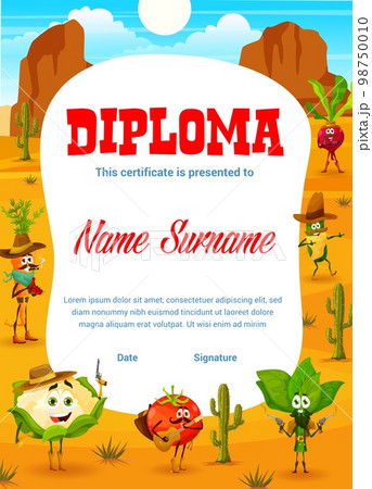 Kids diploma, cowboy sheriff, ranger and bandit cartoon vegetable characters, vector education certificate. Kindergarten diploma with Wild West cauliflower cowboy, western spinach or tomato ranger 98750010