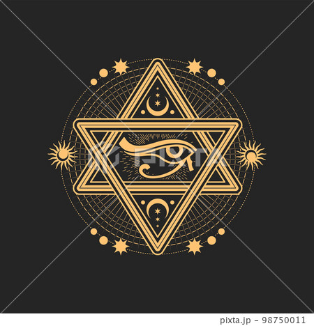 David star, eye of Horus, crescent, sun andのイラスト素材
