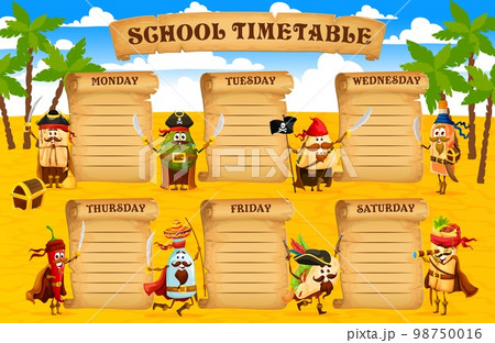 School timetable schedule with cartoon mexican food characters. Vector week calendar for children, student classes plan with cute pirate taco, burrito, nacho, chilli and tequila bottle personages 98750016
