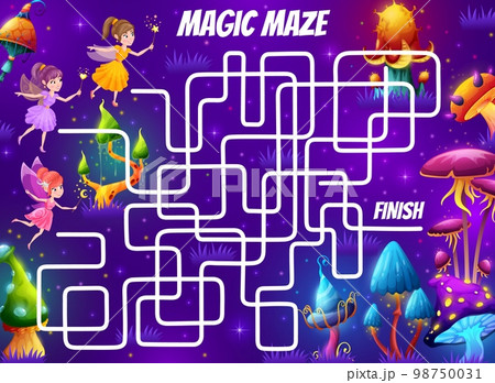 Labyrinth maze, cartoon fairy in magic mushrooms forest. Kids vector boardgame, worksheet riddle help pixies find correct way in night fantasy wood. Quiz task with tangled path and faerie personages 98750031
