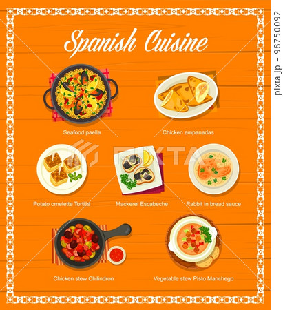 Spanish cuisine menu, food dishes and tapas, Spain meals for lunch and dinner, vector. Spanish restaurant menu of traditional seafood paella and chicken empanadas and potato omelette tortilla 98750092