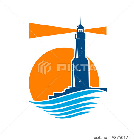Lighthouse tower in sea round icon. Company emblem, nautical navigation and sailing safety vector symbol or graphic sign with lighthouse tower building on shore, light beam, sun disc and water waves 98750129