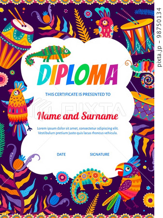 Kids diploma with brazilian drums and parrots, mexican chameleons. Educational vector certificate with animals and musical instruments. Appreciation, graduation or gift frame in alebrije style 98750134