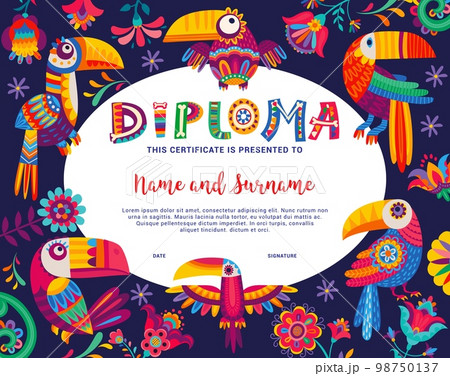 Kids diploma with brazilian and mexican toucan birds. Vector graduation or achievement school or kindergarten certificate with cartoon toucans in traditional alebrije style. Gift award frame template 98750137