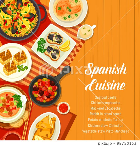 Spanish cuisine menu cover, Spain food dishes and tapas meals, vector. Traditional Spanish seafood paella and chicken empanadas, vegetable stew Pisto Manchego, potato omelette and mackerel escabeche Spanish cuisine menu cover, Spain food dishes and tapas meals, vector. Traditional Spanish seafood paella and chicken empanadas, vegetable stew Pisto Manchego, potato omelette and mackerel escabeche 98750153