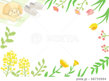 グリーンの草花のフレーム 犬とピクニック中の景色 菜の花や春の花 かわいい手描きイラスト 98750994