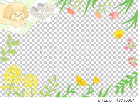 Green flower frame Scenery during picnic with dog Rape blossoms and spring flowers Cute hand drawn illustration Green flower frame Scenery during picnic with dog Rape blossoms and spring flowers Cute hand drawn illustration 98750994