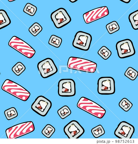 Cute seamless pattern with sushi and salmon in cartoon style. Cute seamless pattern with sushi and salmon in cartoon style. 98752613