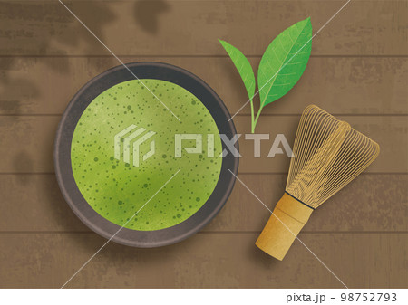 抹茶と茶せんと茶葉俯瞰水彩画 98752793
