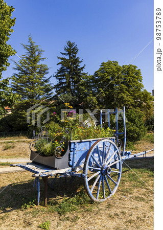 blue wooden cart with flowers in Provence, France 98753789