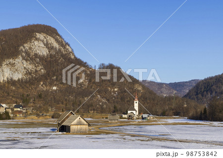 Landscape with church (Cerkev Rozenvenske Marije) near Bohinjska Bistrica, Slovenia Landscape with church (Cerkev Rozenvenske Marije) near Bohinjska Bistrica, Slovenia 98753842