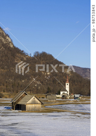 Landscape with church (Cerkev Rozenvenske Marije) near Bohinjska Bistrica, Slovenia Landscape with church (Cerkev Rozenvenske Marije) near Bohinjska Bistrica, Slovenia 98753843