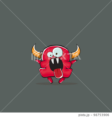 Vector cartoon funny red monster with horn isolated on grey background. Smiling silly red monster print sticker design template. Ghost, troll, gremlin, goblin, devil and monster Vector cartoon funny red monster with horn isolated on grey background. Smiling silly red monster print sticker design template. Ghost, troll, gremlin, goblin, devil and monster 98753906