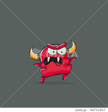 Vector cartoon funny red monster with horn isolated on grey background. Smiling silly red monster print sticker design template. Ghost, troll, gremlin, goblin, devil and monster Vector cartoon funny red monster with horn isolated on grey background. Smiling silly red monster print sticker design template. Ghost, troll, gremlin, goblin, devil and monster 98753907