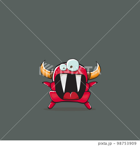 Vector cartoon funny red monster with horn isolated on grey background. Smiling silly red monster print sticker design template. Ghost, troll, gremlin, goblin, devil and monster Vector cartoon funny red monster with horn isolated on grey background. Smiling silly red monster print sticker design template. Ghost, troll, gremlin, goblin, devil and monster 98753909