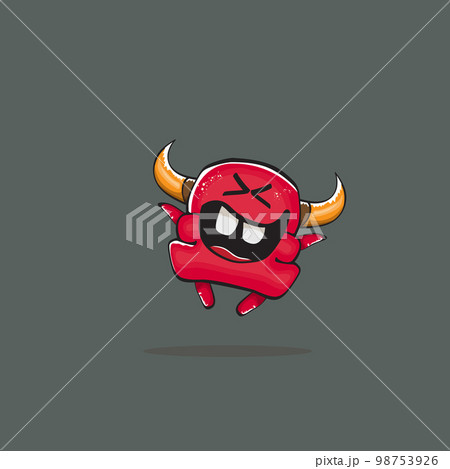 Vector cartoon funny red monster with horn isolated on grey background. Smiling silly red monster print sticker design template. Ghost, troll, gremlin, goblin, devil and monster 98753926