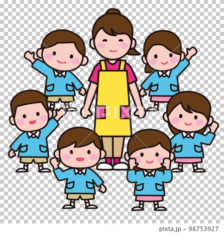 女性の保育士と園児たち 98753927