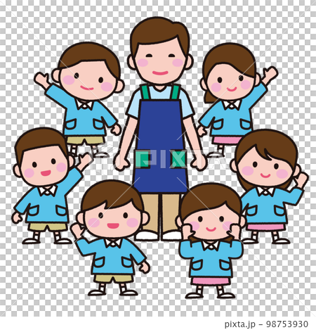 男性の保育士と園児たち 98753930