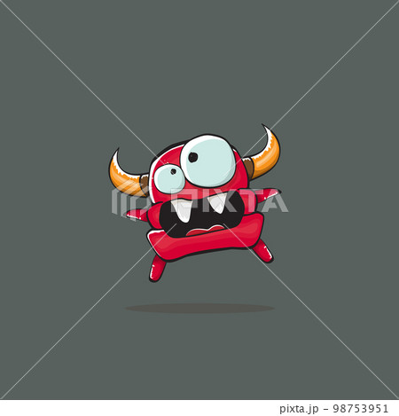 Vector cartoon funny red monster with horn isolated on grey background. Smiling silly red monster print sticker design template. Ghost, troll, gremlin, goblin, devil and monster Vector cartoon funny red monster with horn isolated on grey background. Smiling silly red monster print sticker design template. Ghost, troll, gremlin, goblin, devil and monster 98753951