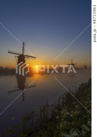 Traditional Dutch windmills with a colourful sky just before sunrise in Kinderdijk, The Netherlands Traditional Dutch windmills with a colourful sky just before sunrise in Kinderdijk, The Netherlands 98753963