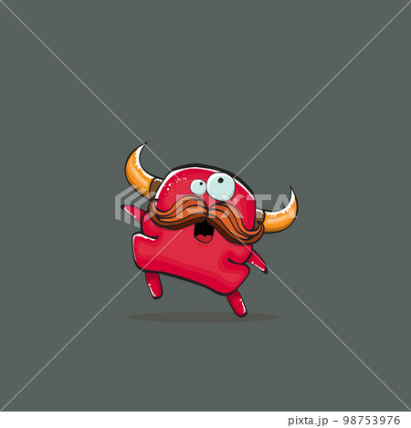 Vector cartoon funny red monster with horn isolated on grey background. Smiling silly red monster print sticker design template. Ghost, troll, gremlin, goblin, devil and monster Vector cartoon funny red monster with horn isolated on grey background. Smiling silly red monster print sticker design template. Ghost, troll, gremlin, goblin, devil and monster 98753976
