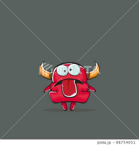 Vector cartoon funny red monster with horn isolated on grey background. Smiling silly red monster print sticker design template. Ghost, troll, gremlin, goblin, devil and monster Vector cartoon funny red monster with horn isolated on grey background. Smiling silly red monster print sticker design template. Ghost, troll, gremlin, goblin, devil and monster 98754051