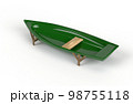 A green plastic fishing boat with a bench that stands on supports on a white background. 98755118