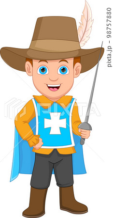 cartoon boy in musketeer costume and holding sword 98757880