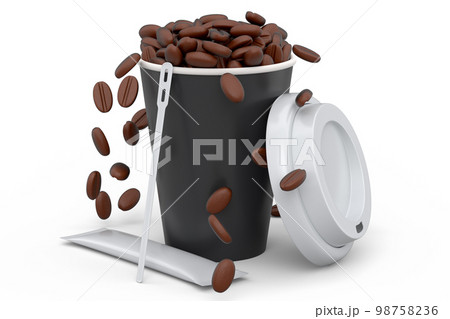 Paper coffee cup with cover, sugar, coffee bean and stick for americano espresso 98758236